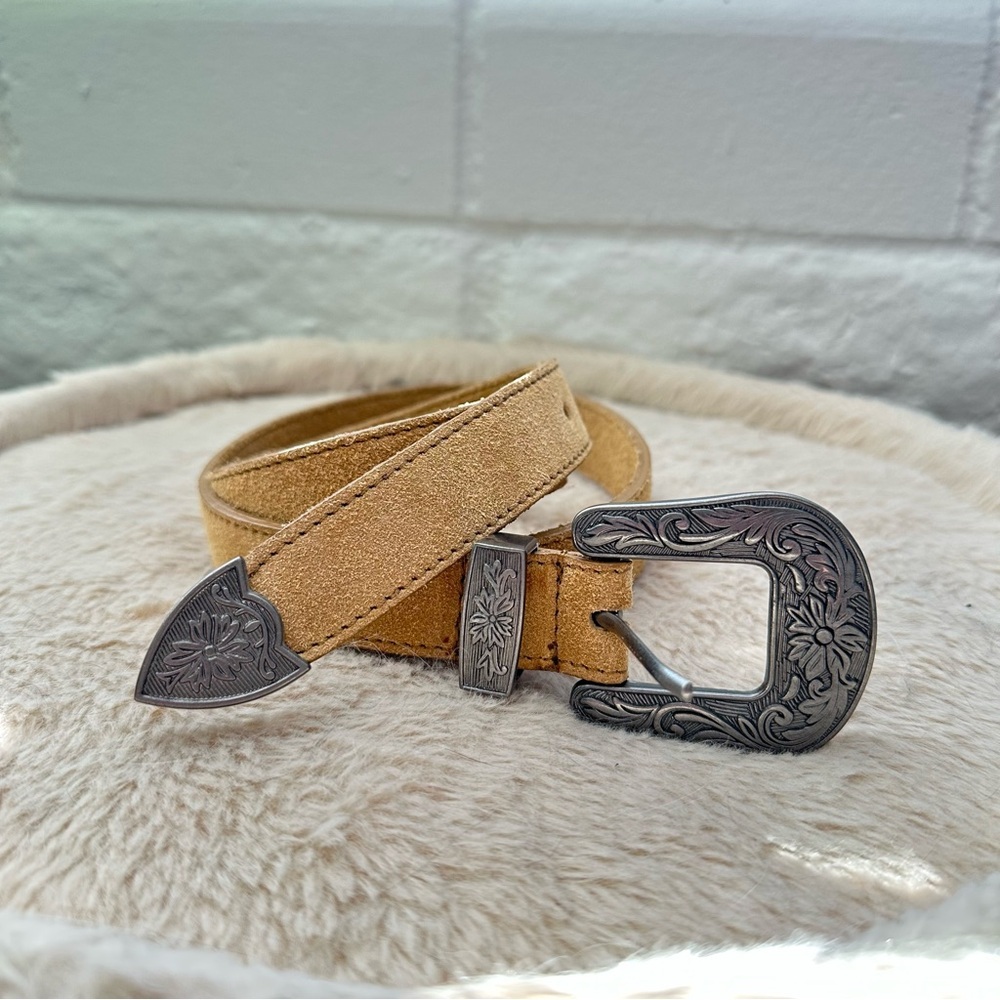 Suede Belt Cream Camel Light Brown Western Antique Silver Accent